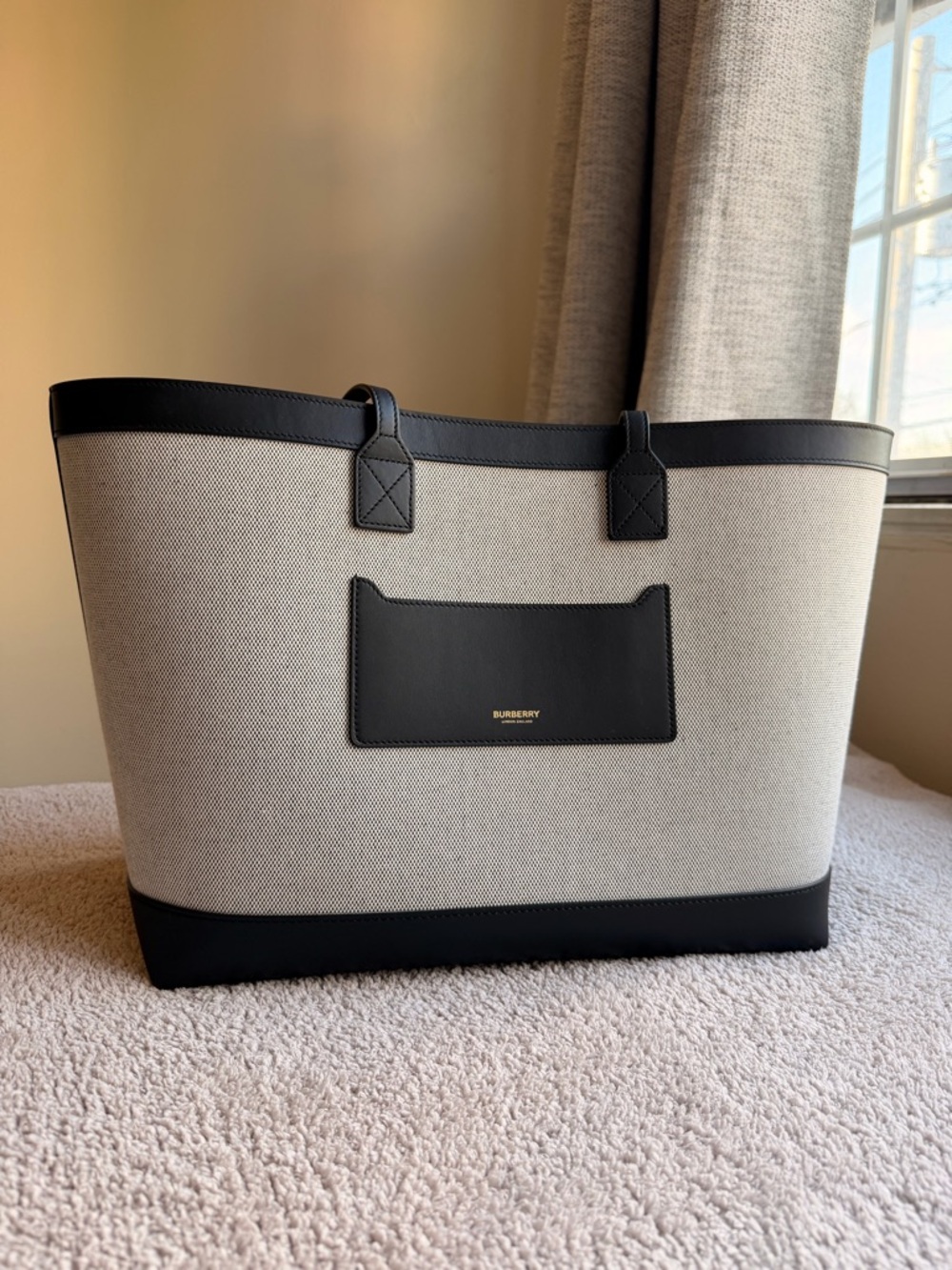 Burberry Canvas Tote with Black Leather Trim